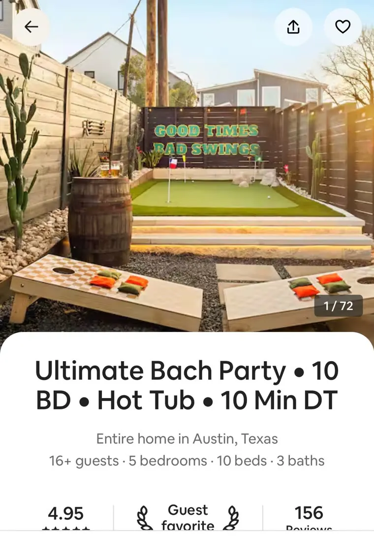 The Airbnb listing on a phone: the putting green is cover photo 1 of 72, with a 4.95 rating, Guest Favorite badge, and 156 reviews