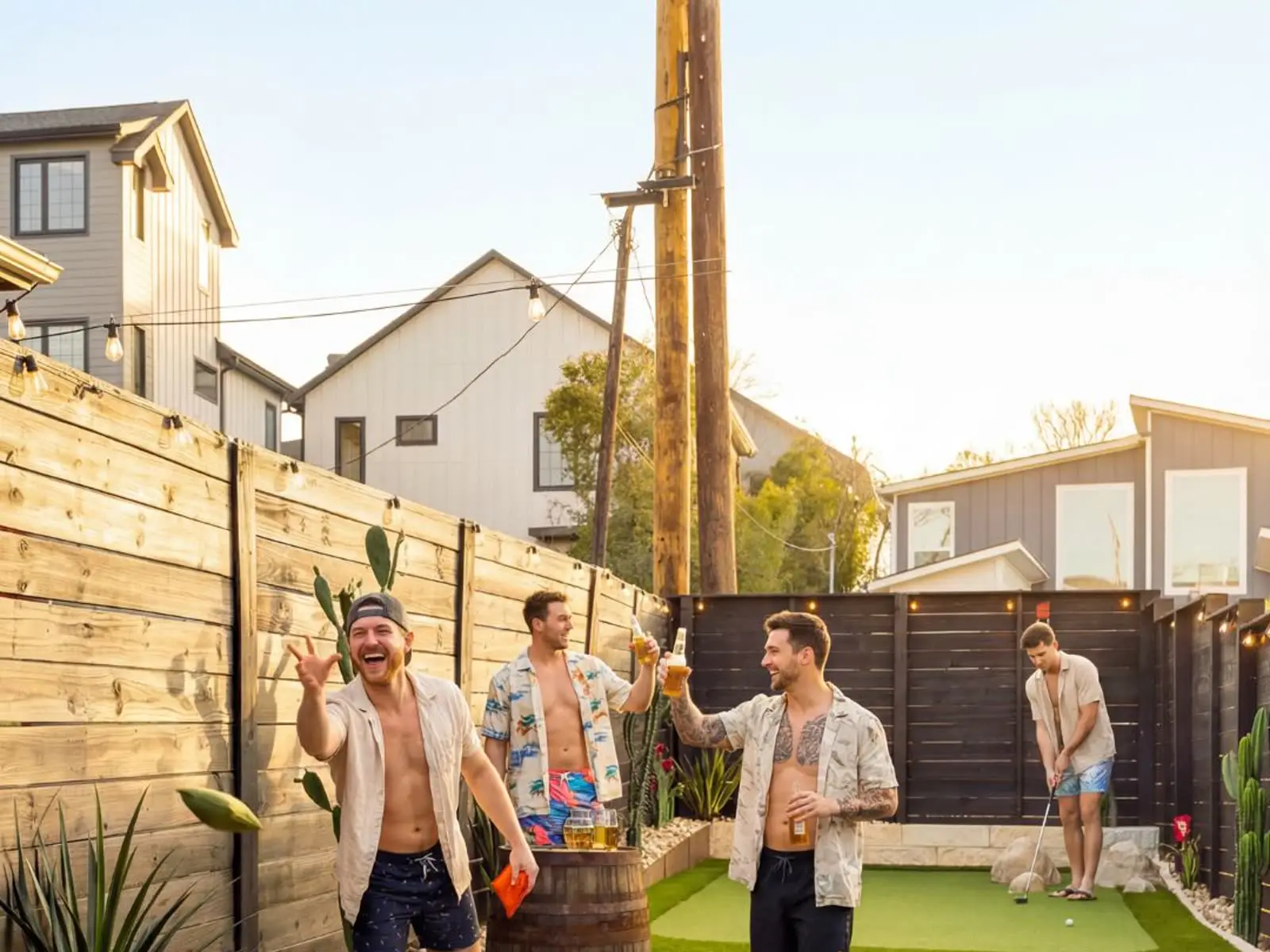 Airbnb guests playing cornhole and putting on the artificial turf green during a group stay